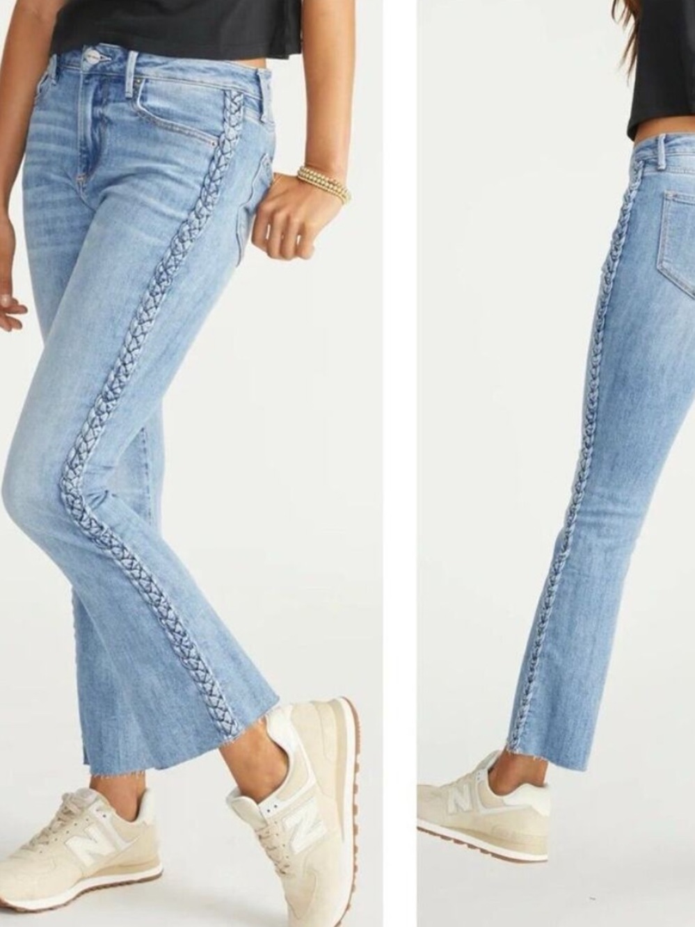 DRIFTWOOD Roxy Intertwined Kick Flare Side Braid Stretch Raw Hem Jeans Sz 32
